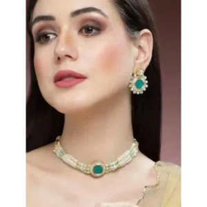 Lime Green Beads and Pearl Beaded Green Polki Kundan Choker Necklace Set