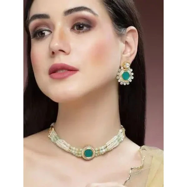 Lime Green Beads and Pearl Beaded Green Polki Kundan Choker Necklace Set